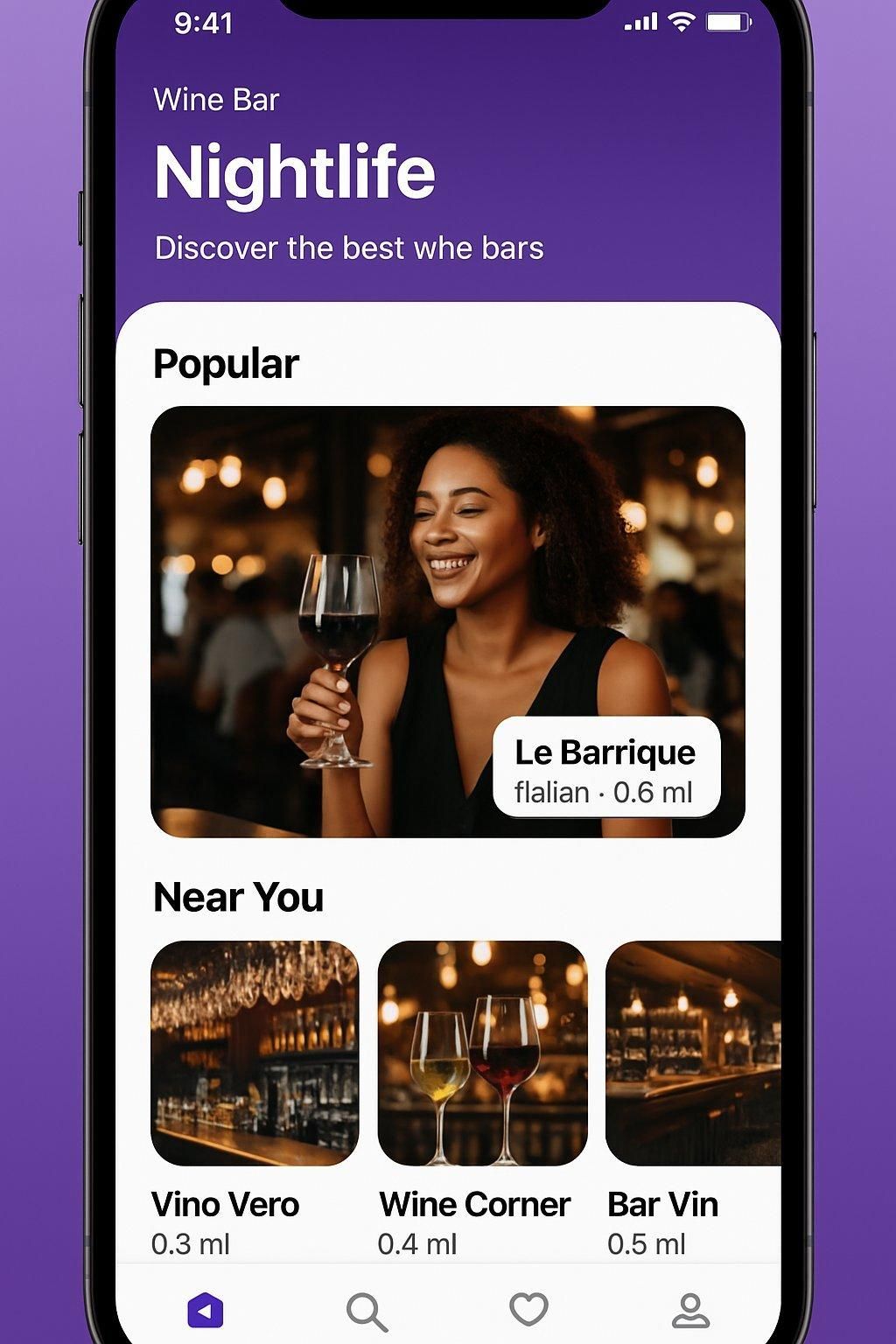 Application wine bar app nightlife pour découvrir les meilleurs happy hours et afterworks en ville.