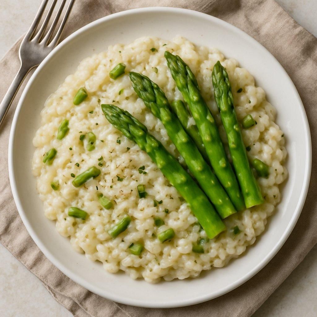 Assiette de asparagus risotto plate garnie de copeaux de parmesan et asperges sautées.