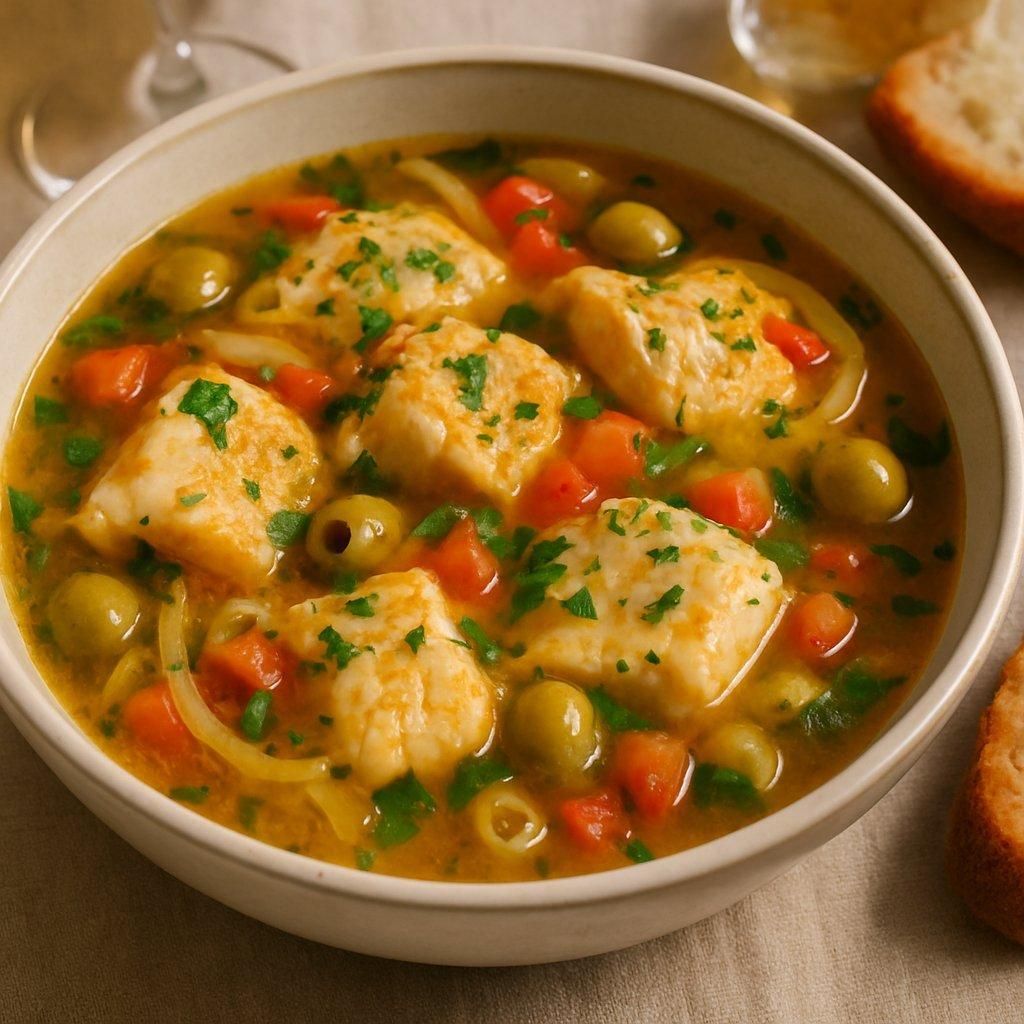 Blanquette de poisson au vin blanc et légumes fondants, servie dans une assiette blanche garnie de persil.
