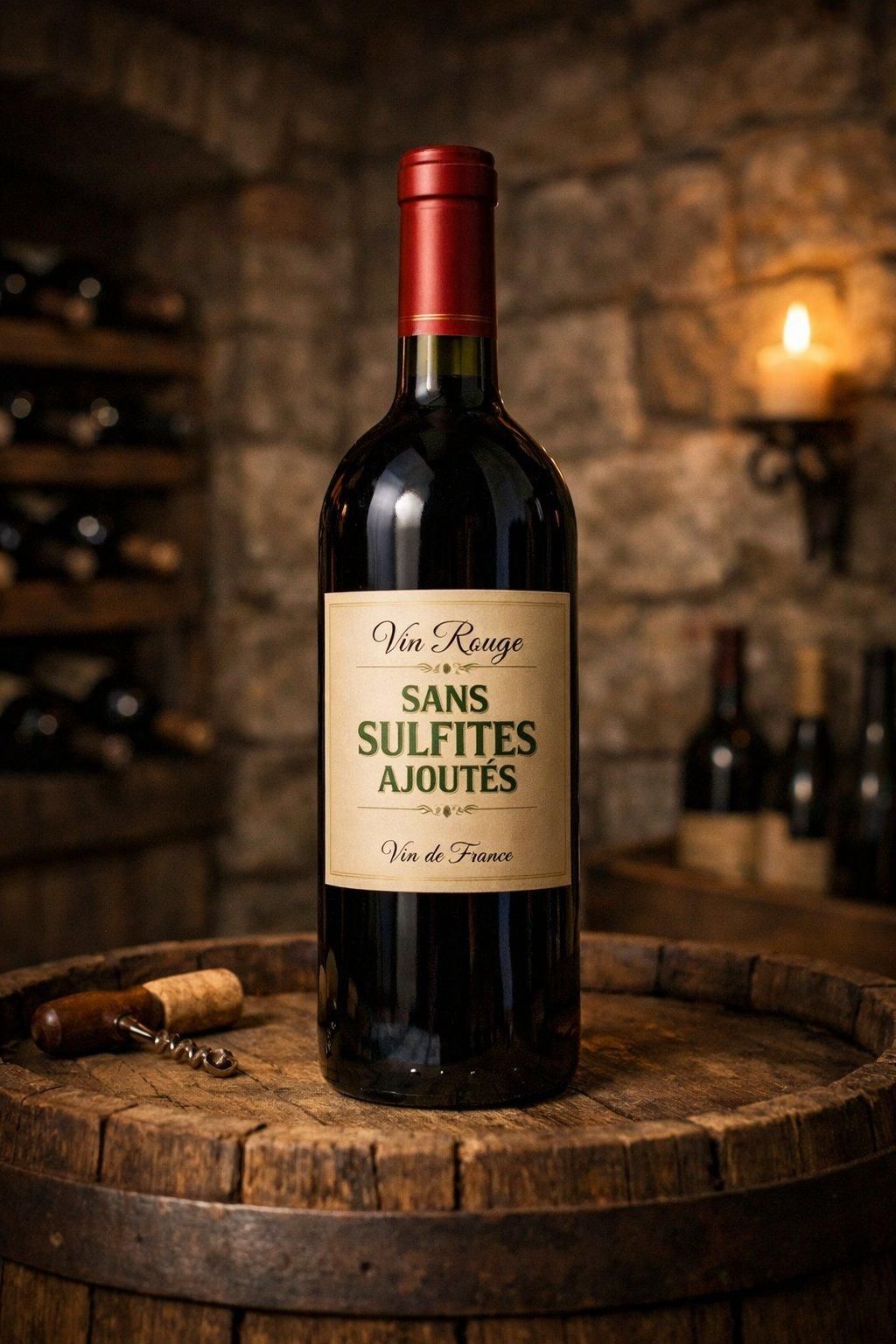 Bouteille de vin avec étiquette lisible « sans sulfites ajoutés » dans une cave tamisée, ambiance fraîche.