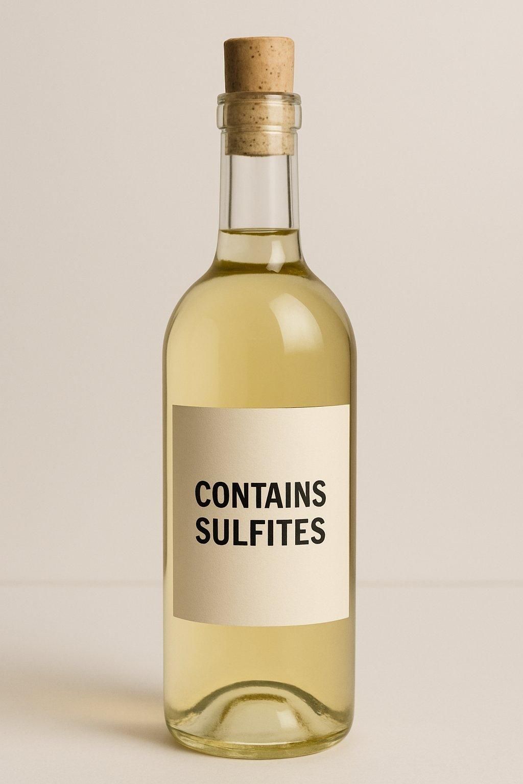 Bouteille de vin blanc avec étiquette indiquant la présence de sulfites, essentielle pour la conservation.