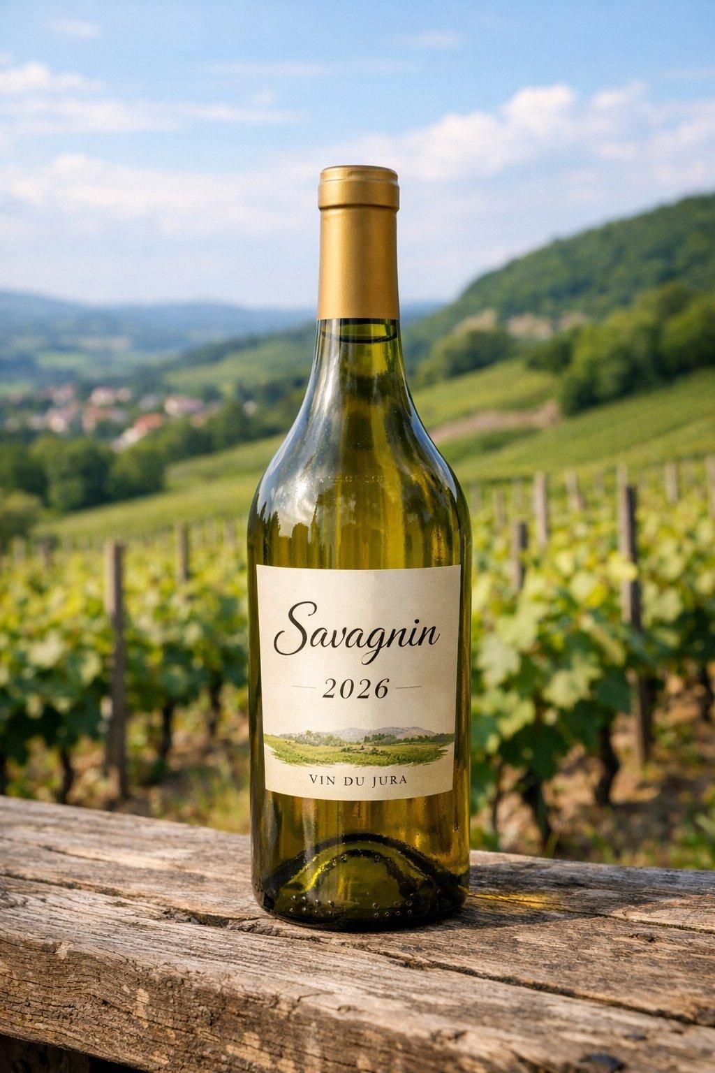 Bouteille de vin blanc Savagnin 2026 devant un vignoble du Jura au printemps, ambiance fraîche et authentique.