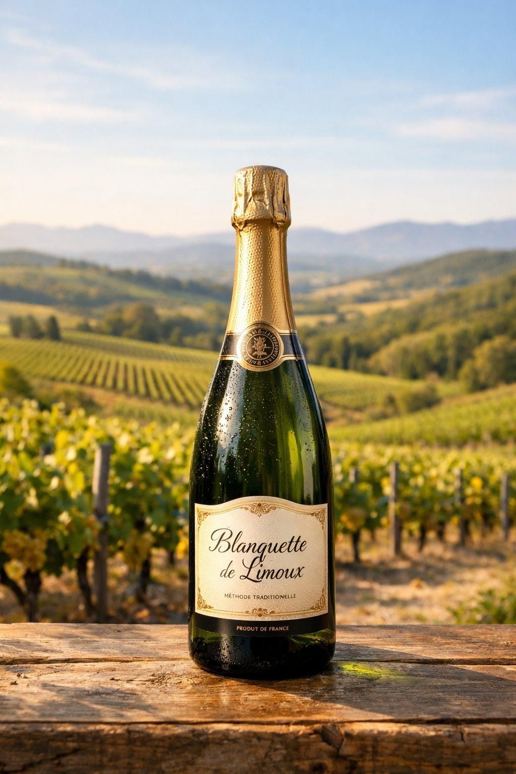 Bouteille élégante de Blanquette de Limoux avec vignoble ensoleillé en arrière-plan, symbole des vins effervescents français.