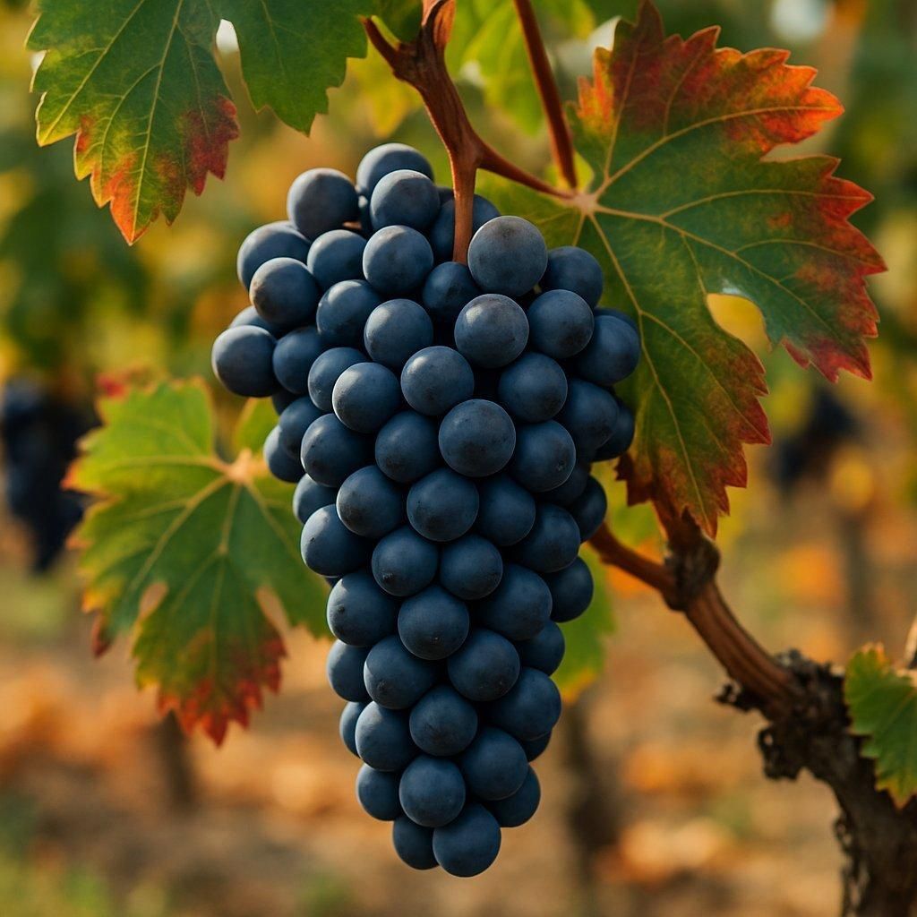 Bouteille et verre de Beaujolais Villages Smack, avec des grappes de beaujolais wine grapes en arrière-plan.