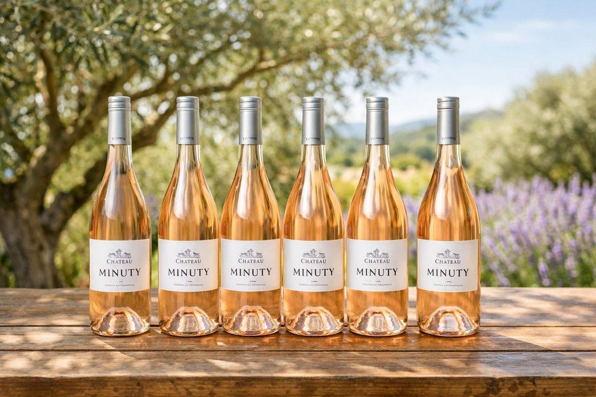 Bouteilles alignées de rosés Château Minuty sur une table en bois dans un décor provençal lumineux.
