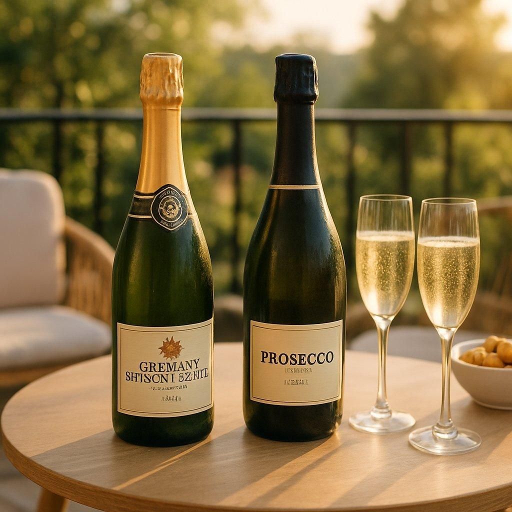 Bouteilles de Crémant de Bourgogne et Prosecco sur table en terrasse, ambiance apéritif chic et légère en été.