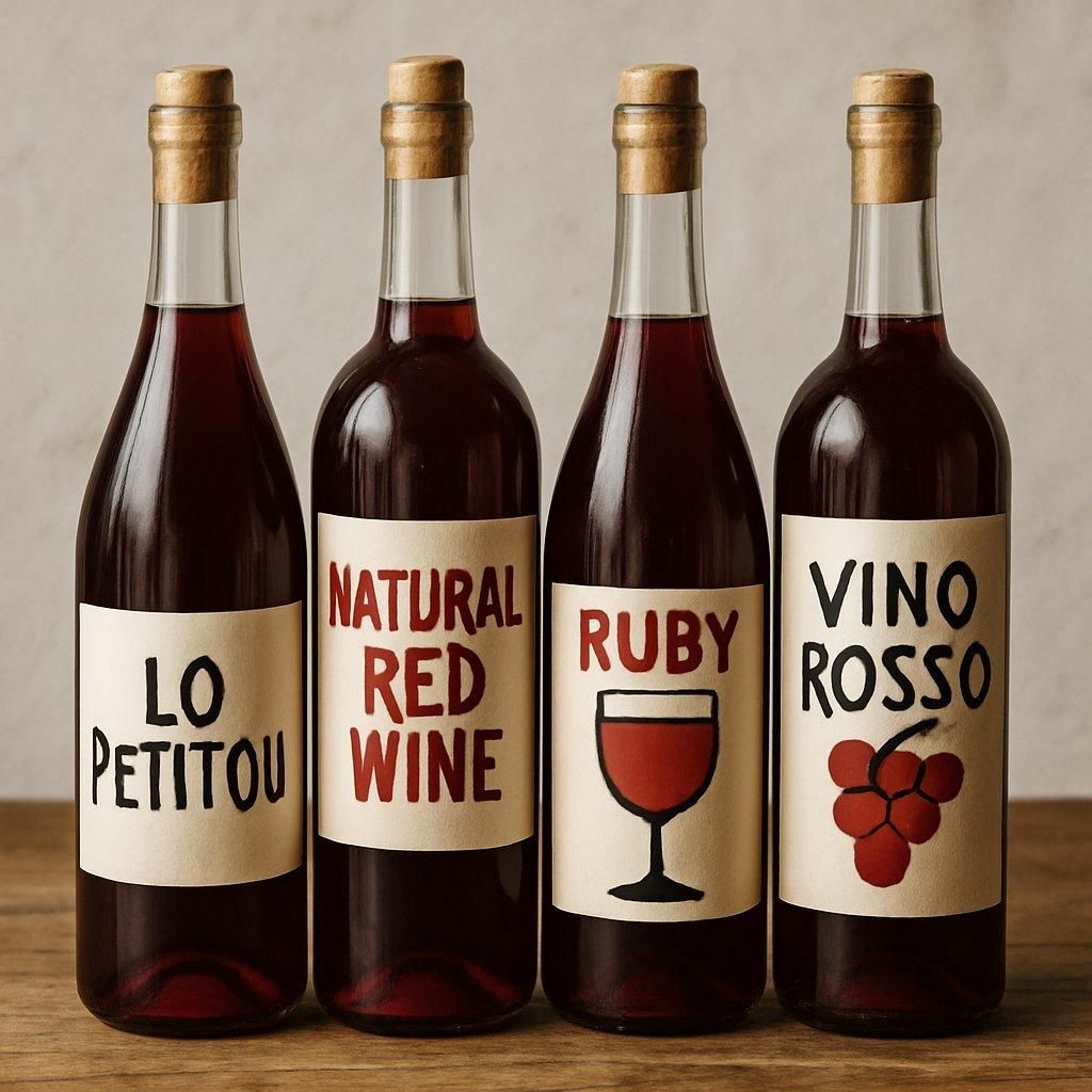 Bouteilles de natural red wine bottles sur une table en bois, vins rouges naturels sans sulfites.