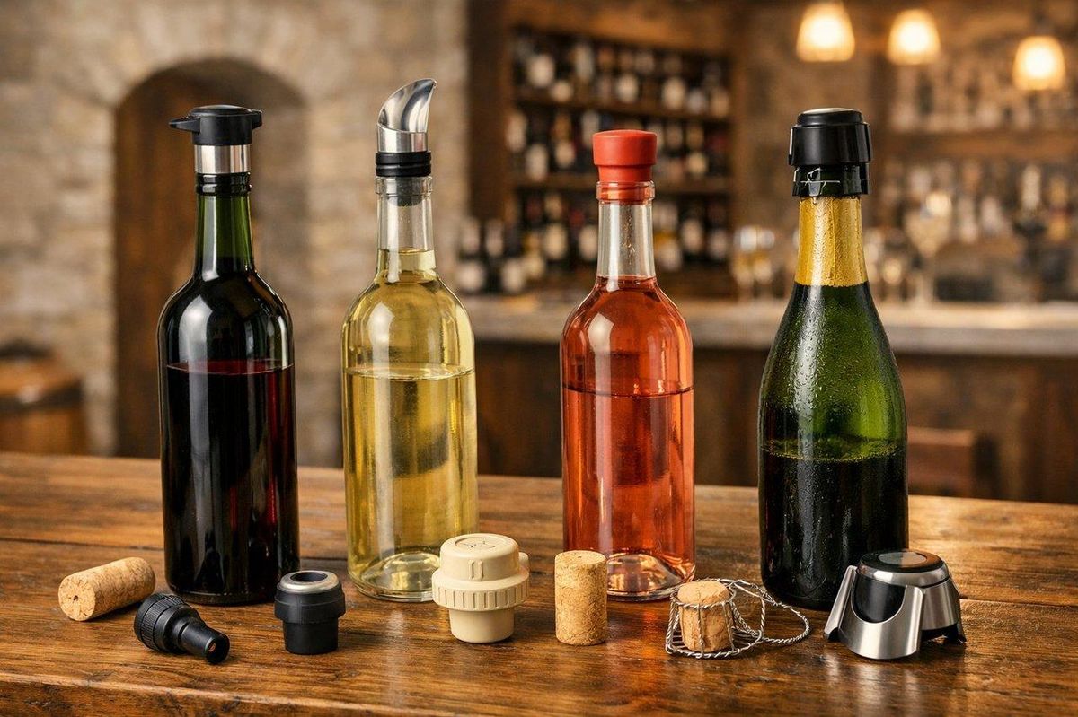 Bouteilles de vin rouge, blanc, rosé et effervescent ouvertes avec accessoires de conservation dans une cave élégante.