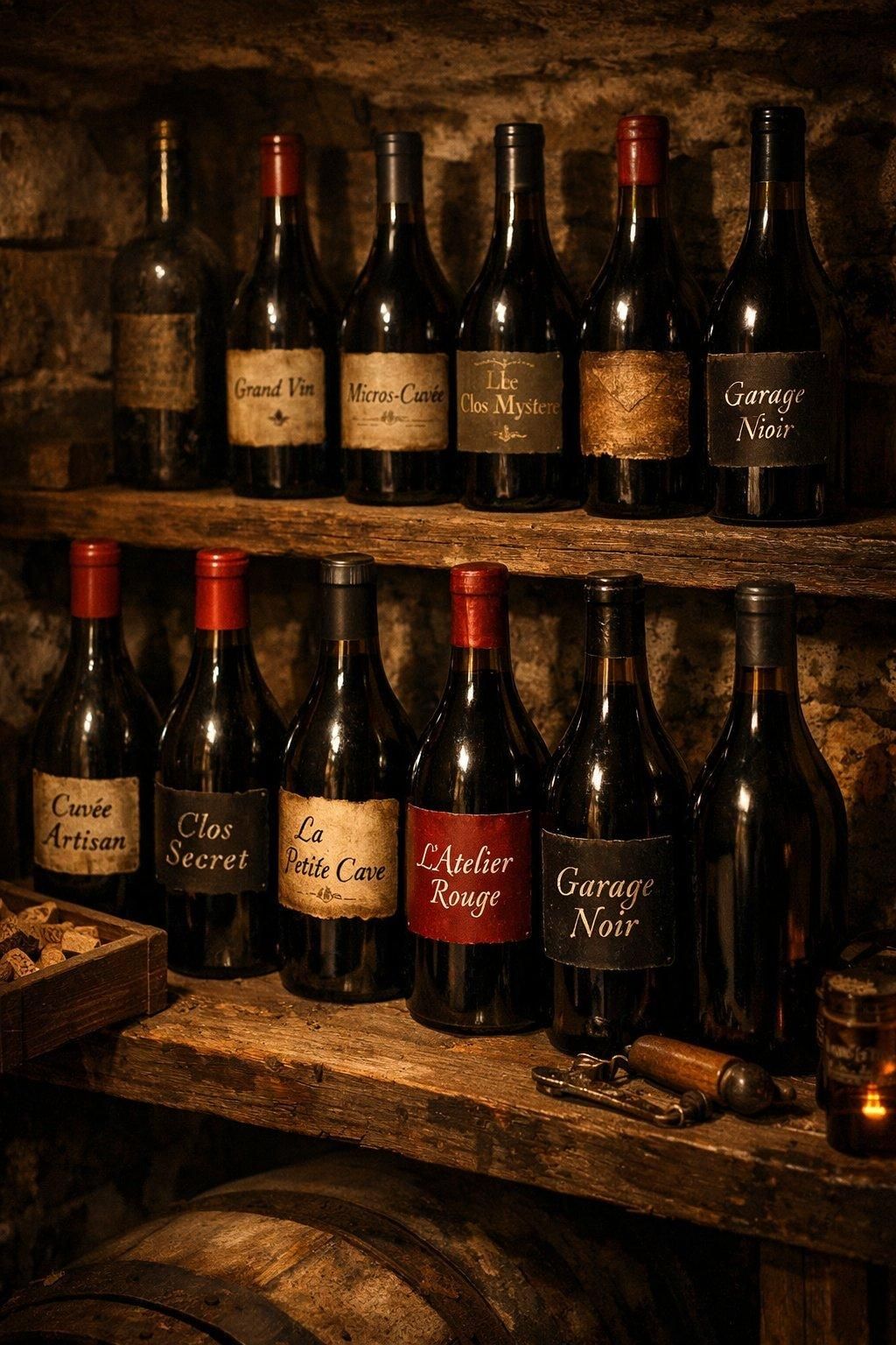 Bouteilles de vins de garage artisanales alignées sur étagères en bois dans une cave sombre, illustrant leur rareté en 2026.