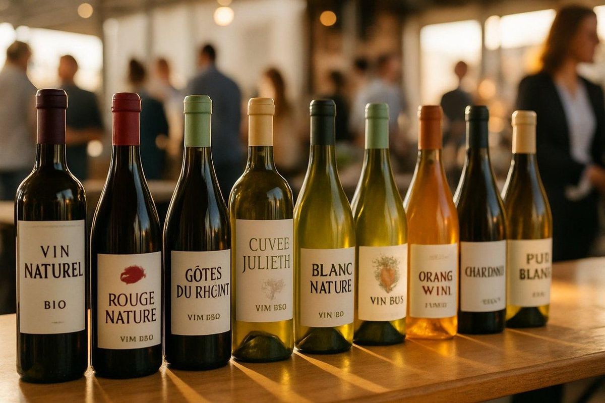 Bouteilles de vins naturels bio alignées sur une table lors d’une foire aux vins, ambiance conviviale et professionnelle.