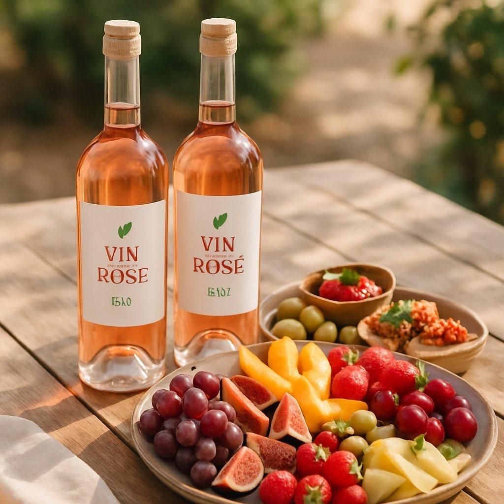 Bouteilles de vins rosés bio sur une table estivale, accompagnées de fruits frais et tapas variés.