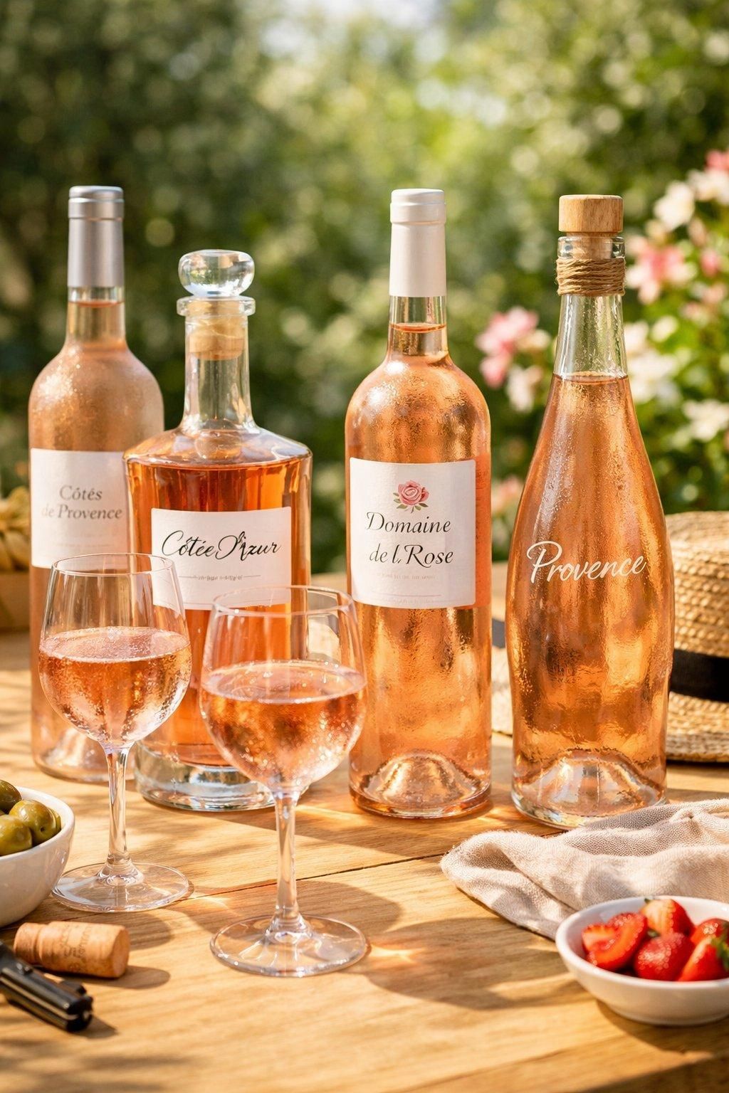 Bouteilles de vins rosés de Provence sur une table estivale avec verres frais, ambiance élégante et conviviale.