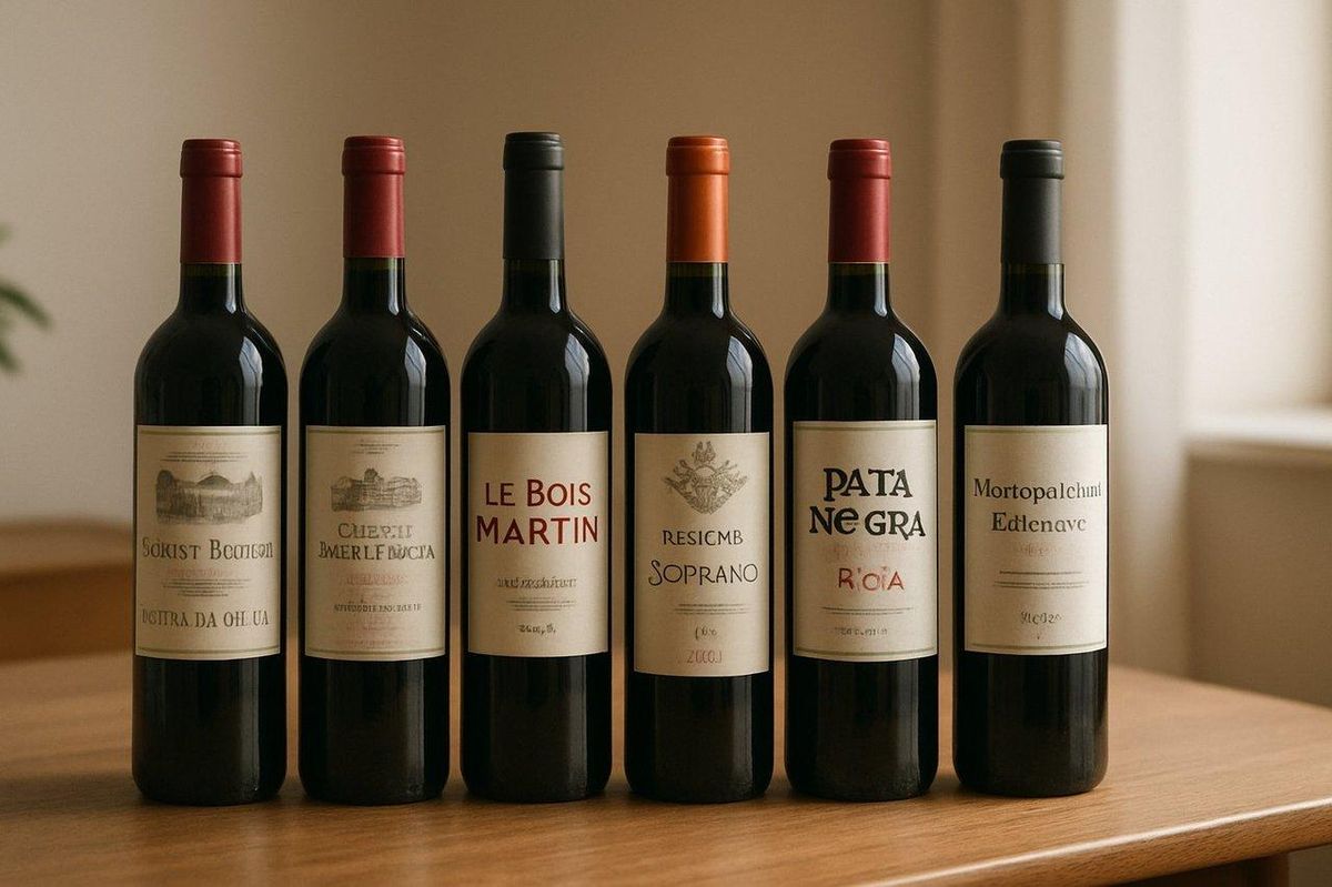 Bouteilles de vins rouges abordables sous 10 euros alignées sur table en bois, ambiance chaleureuse et élégante