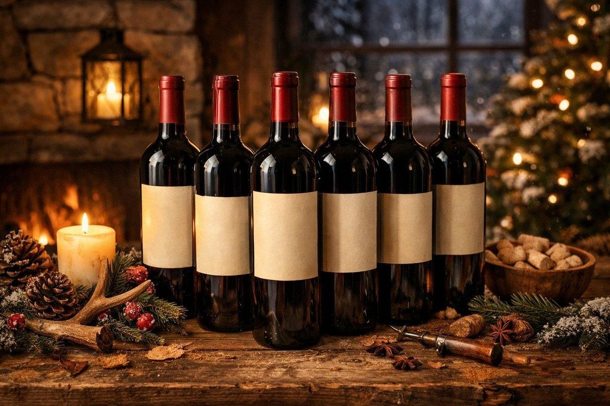 Bouteilles de vins rouges boisés alignées sur table en bois rustique, ambiance chaleureuse hivernale.