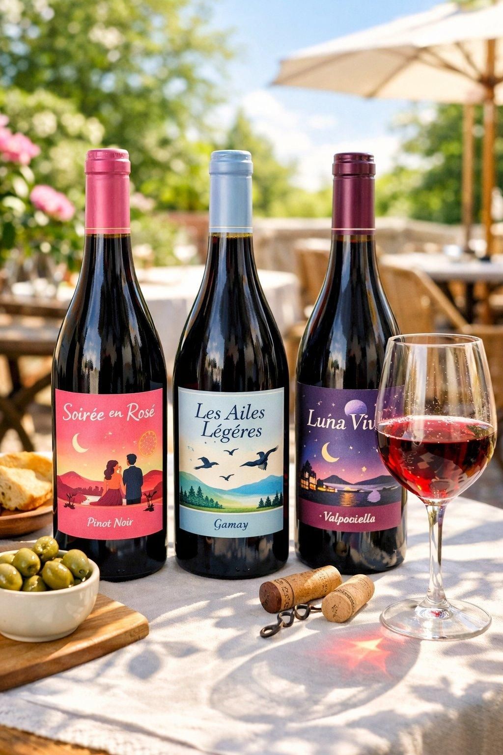 Bouteilles élégantes de vins rouges légers avec étiquettes colorées, parfaites pour une dégustation estivale conviviale.