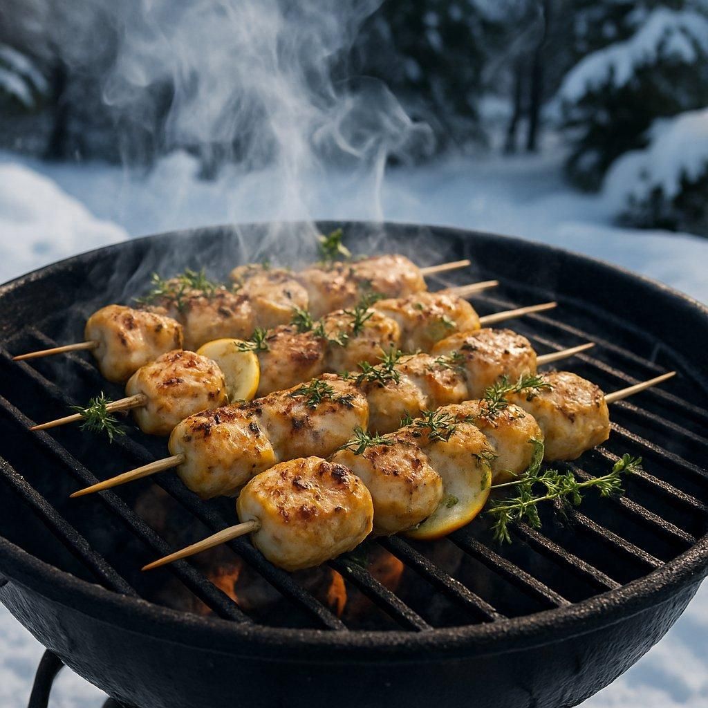 Brochettes de poulet dorées marinées au citron, thym et vin blanc, grillant doucement sur un barbecue hivernal fumant.