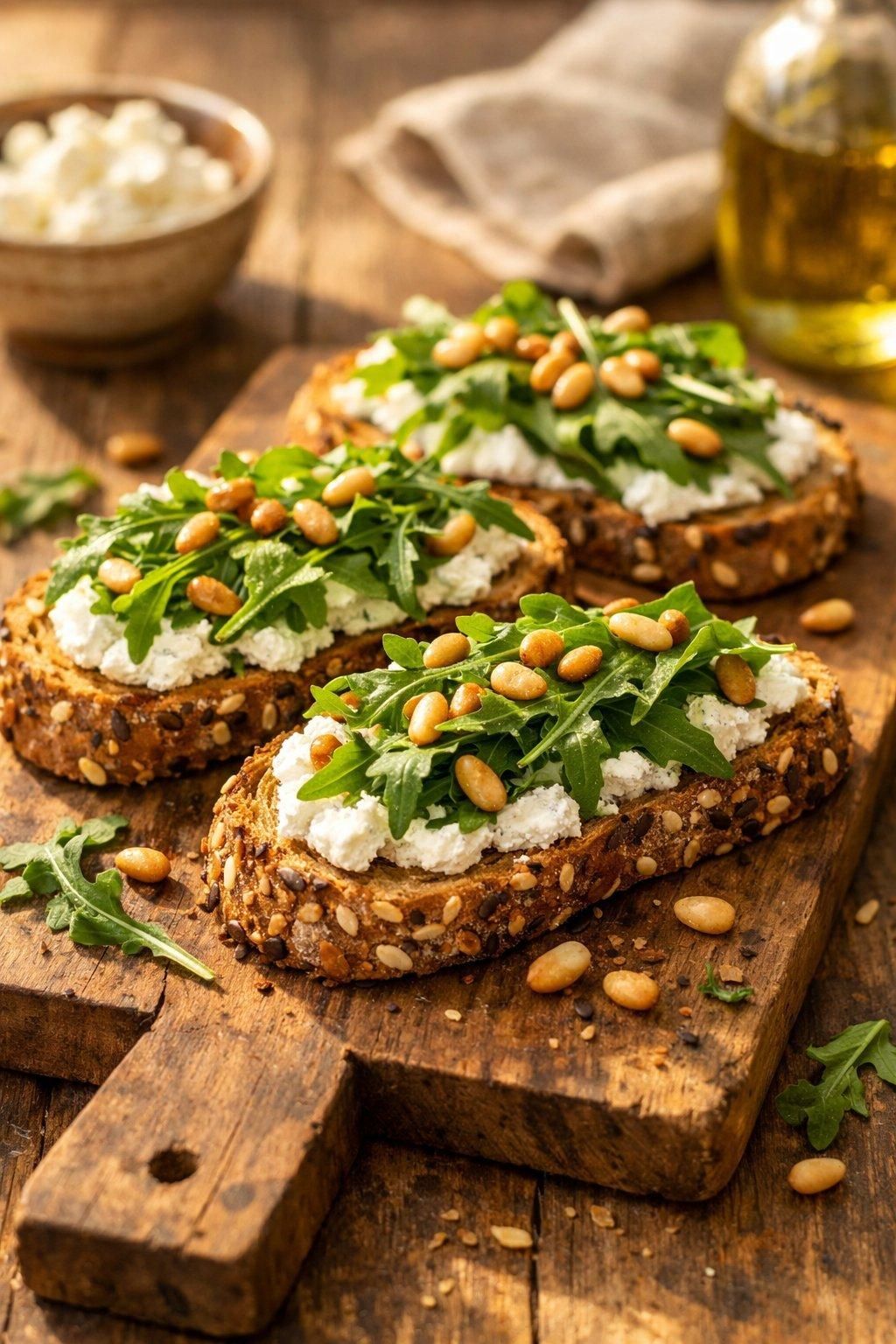 Bruschetta multigrain croustillante sur planche en bois, garnie chèvre frais, roquette et pignons grillés.