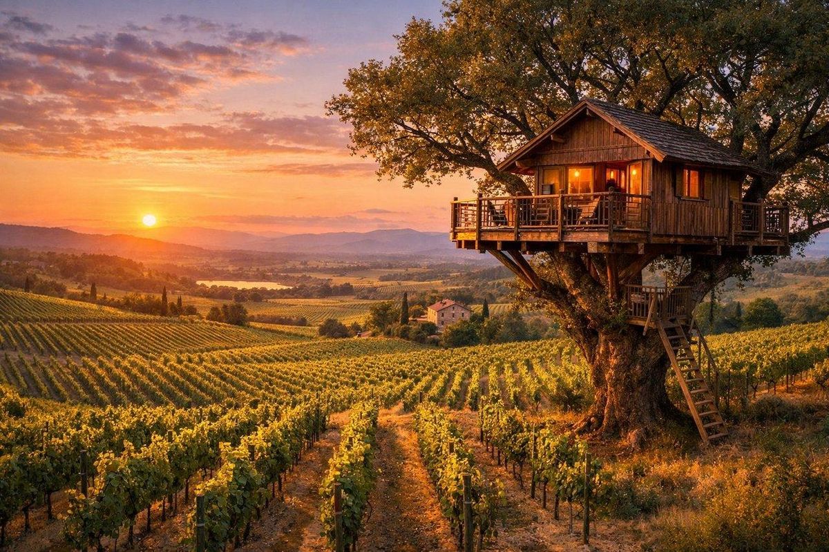 Cabane en bois perchée dans un arbre au milieu de vignes verdoyantes du Languedoc au coucher du soleil, vue panoramique.