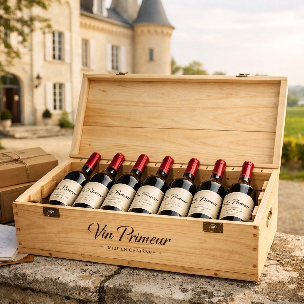 Caisse en bois ouverte remplie de bouteilles de vin primeur, livraison directe au château sous lumière naturelle douce.