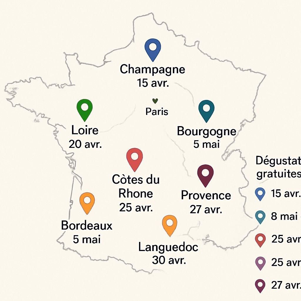 Carte détaillée des grandes régions viticoles françaises avec icônes indiquant dégustations gratuites.