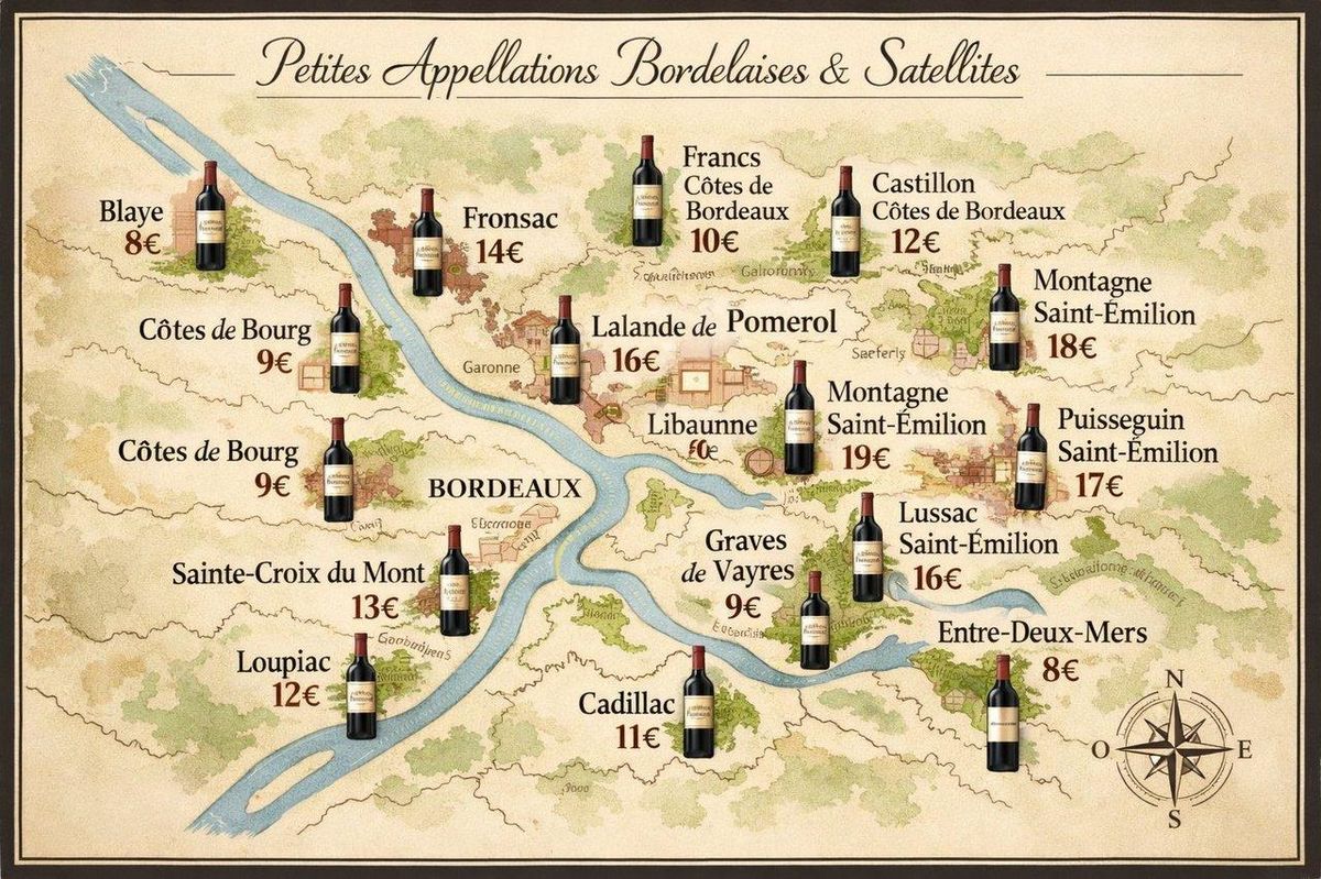Carte détaillée des petites appellations bordelaises et satellites avec prix moyens inférieurs à 15 euros.