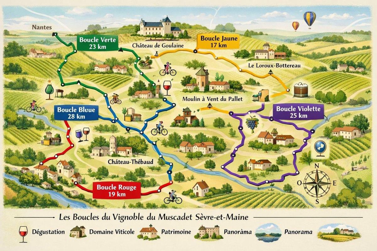 Carte détaillée illustrée des cinq boucles cyclotouristiques balisées dans le vignoble du Muscadet Sèvre-et-Maine.