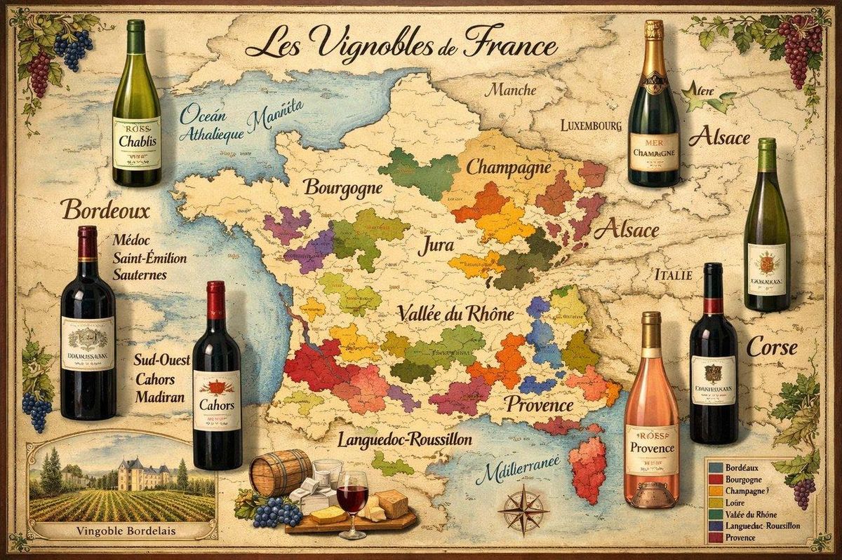 Carte élégante et détaillée des régions viticoles françaises offrant des bouteilles AOC à moins de 7 euros.