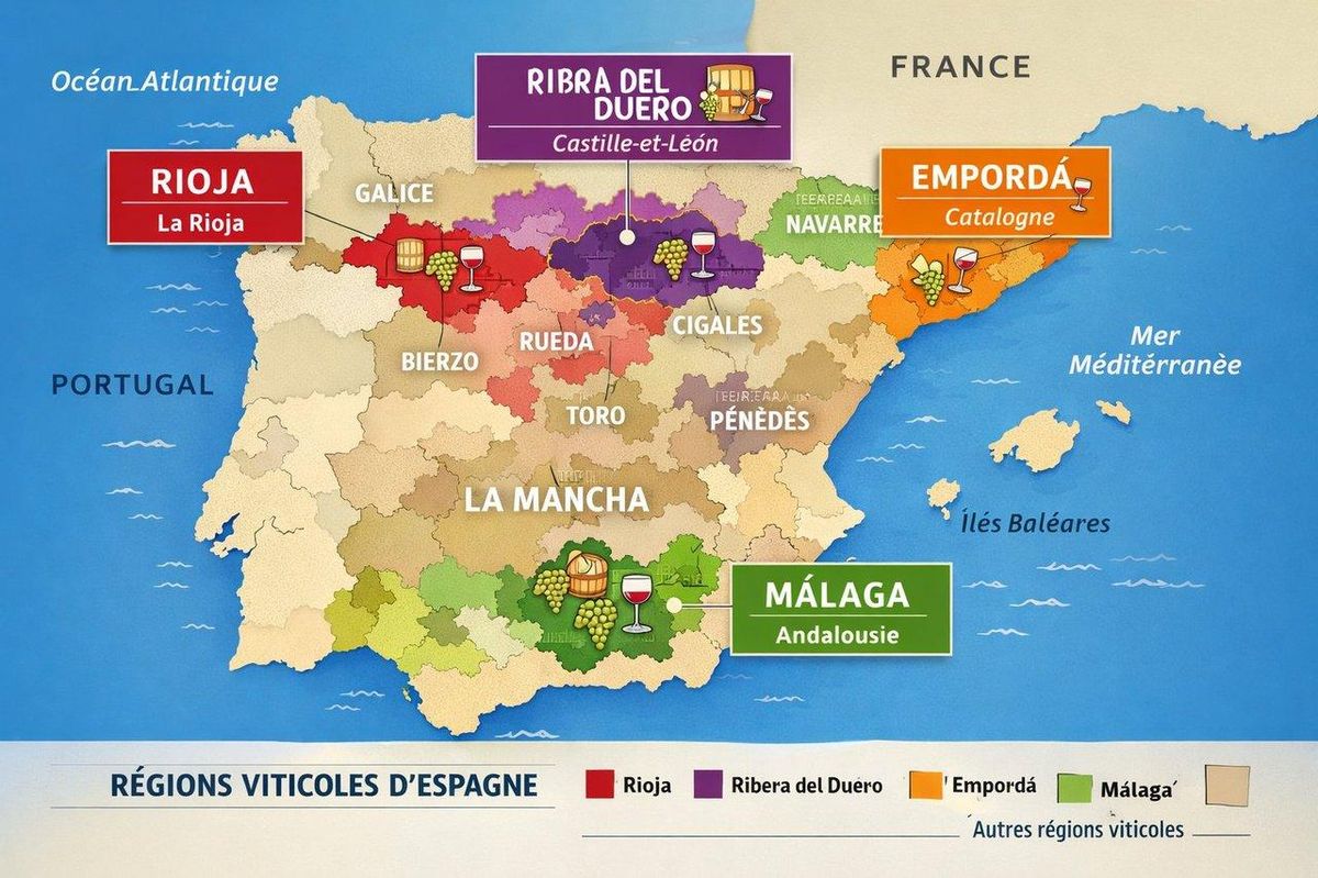 Carte illustrée des régions viticoles espagnoles majeures : Rioja, Ribera del Duero, Malaga et Empordà.