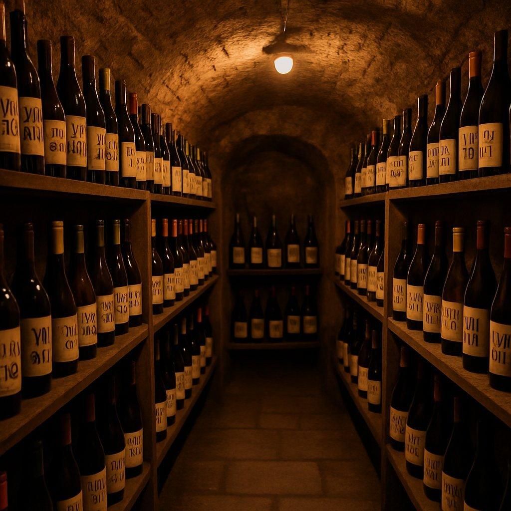 Cave sombre avec bouteilles de vin bio et vins nature sans sulfites, ambiance chaleureuse et raffinée.
