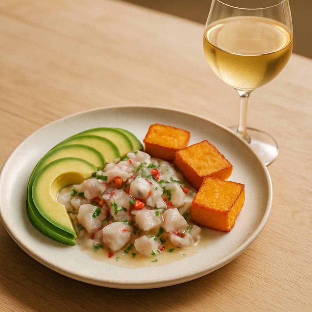 Céviche de daurade frais joliment dressé avec avocat, patates douces dorées et vin blanc élégant.