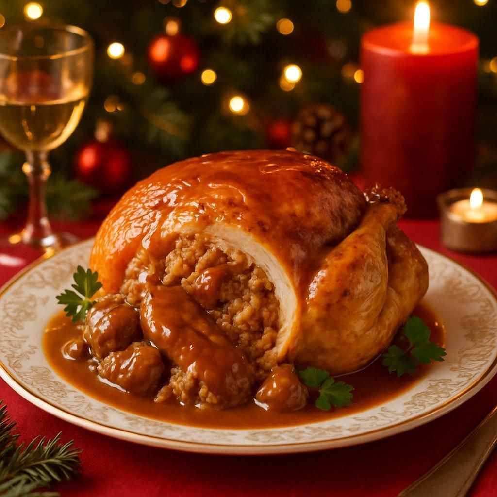 Chapon rôti farci aux marrons, nappé d’une sauce onctueuse, présenté sur une assiette festive élégante.