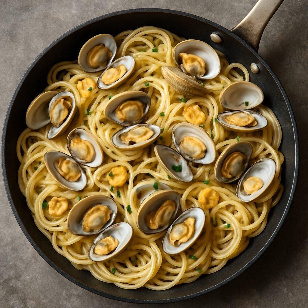 Clam garlic spaghetti pan avec palourdes, ail, vin blanc et persil, vue rapprochée appétissante.