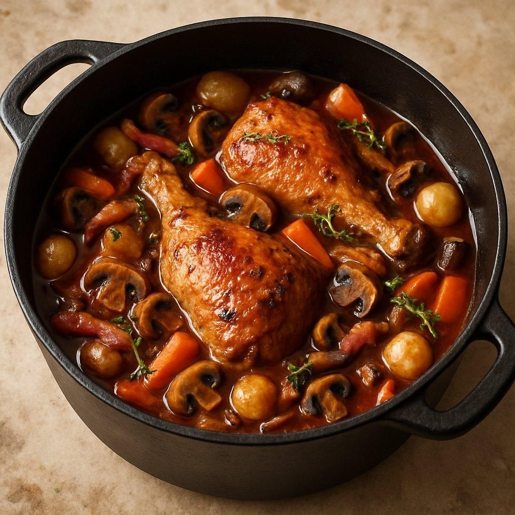 Cocotte en fonte avec morceaux de coq au vin et bouquet garni, préparation d'une sauce savoureuse.