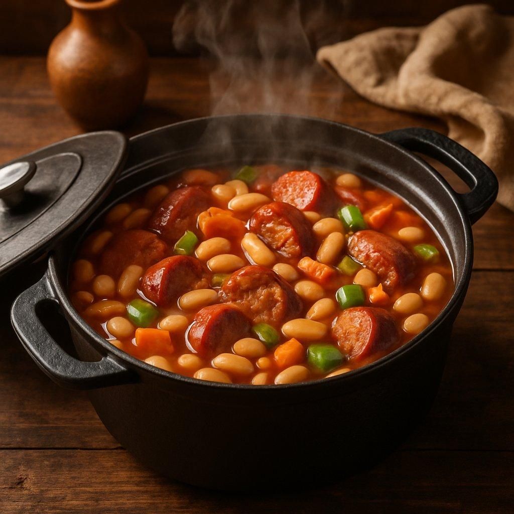 Cocotte en fonte noire fumante remplie de ragoût de haricots blancs, saucisses fumées et légumes colorés.