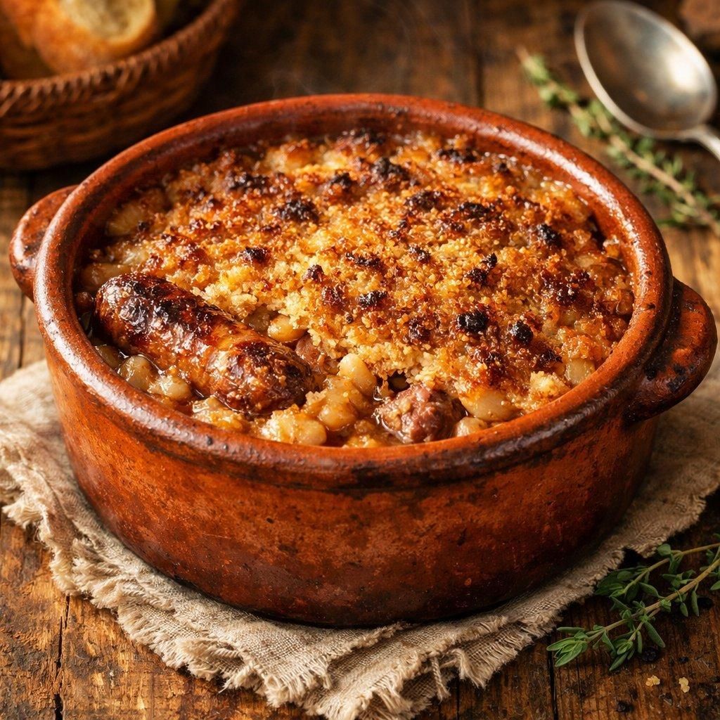 Cocotte en terre cuite rustique, remplie d’un cassoulet doré à la croûte croustillante, lumière naturelle chaude.