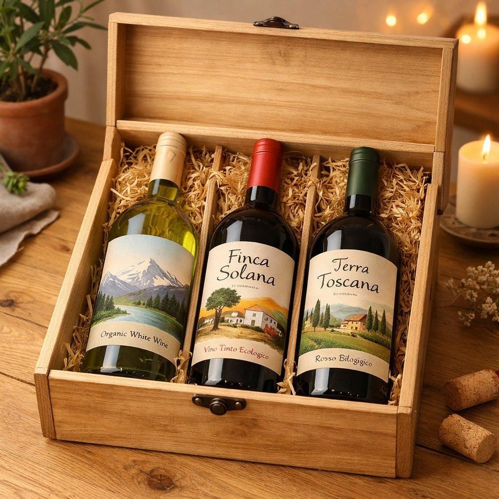 Coffret élégant de vins bio étrangers avec étiquettes naturelles, ambiance chaleureuse en lumière douce.