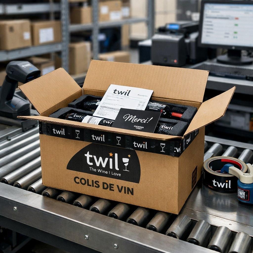 Colis de vin Twil soigneusement emballé, prêt à la livraison en point relais dans une ambiance logistique moderne.