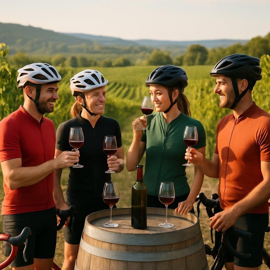 Cyclists enjoying wine tasting in a sunny vineyard along a scenic vineyard pathway.