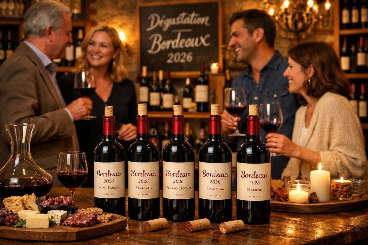Dégustation conviviale chez un caviste indépendant avec une sélection de bouteilles Bordeaux 2026.