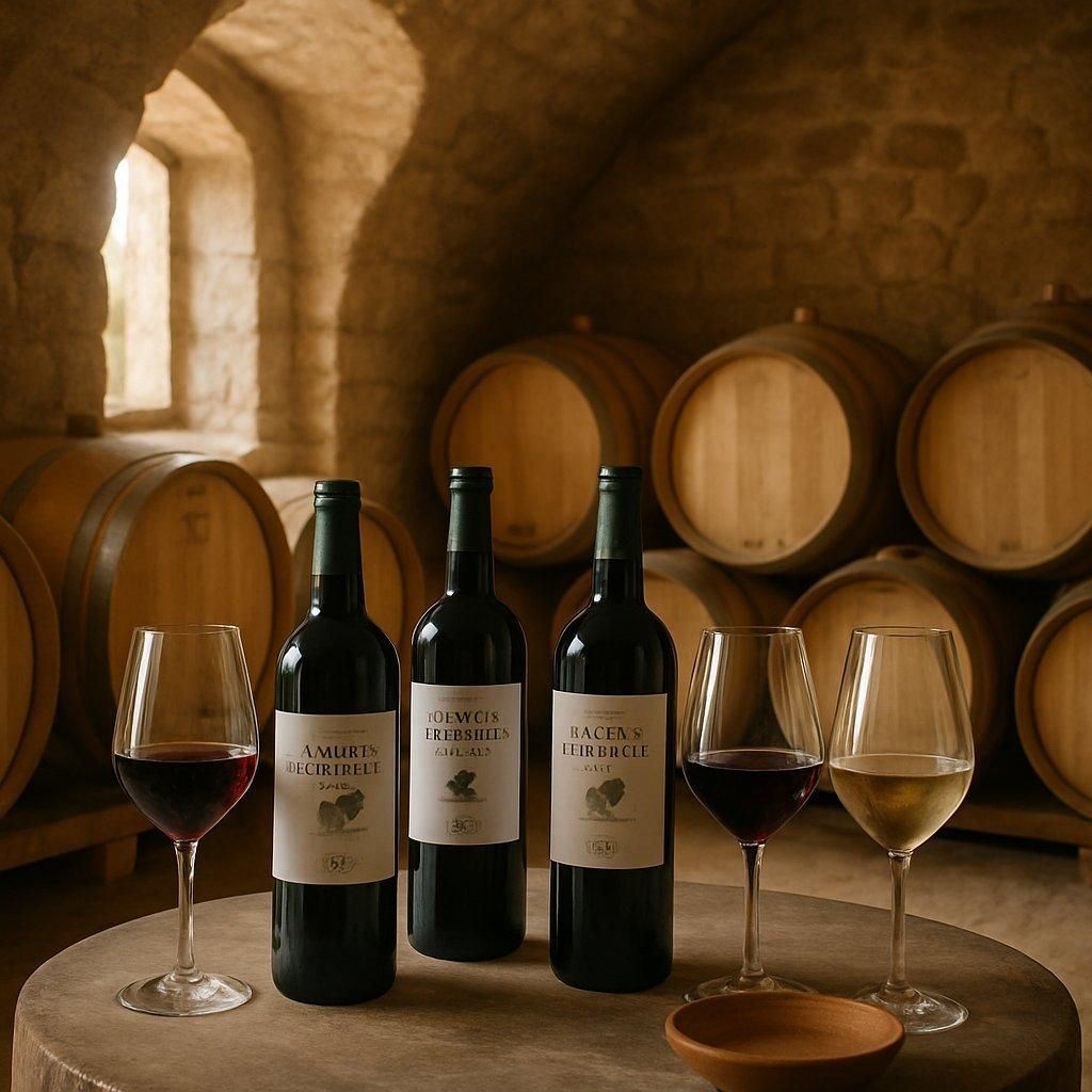 Dégustation de vins biologiques au Château La Roque, cave en pierre avec fûts et lumière douce.