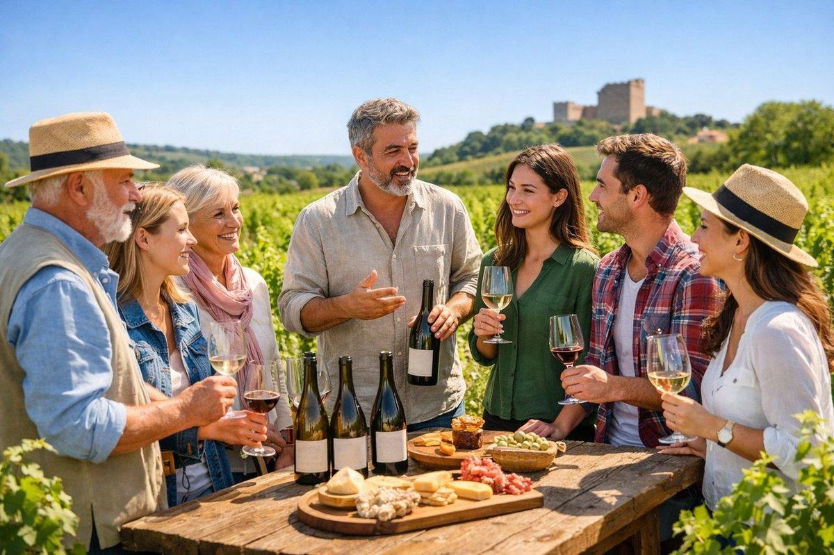 Dégustation en plein air dans un vignoble de Châteauneuf-du-Pape printanier, groupe convivial et experts en vins nature.