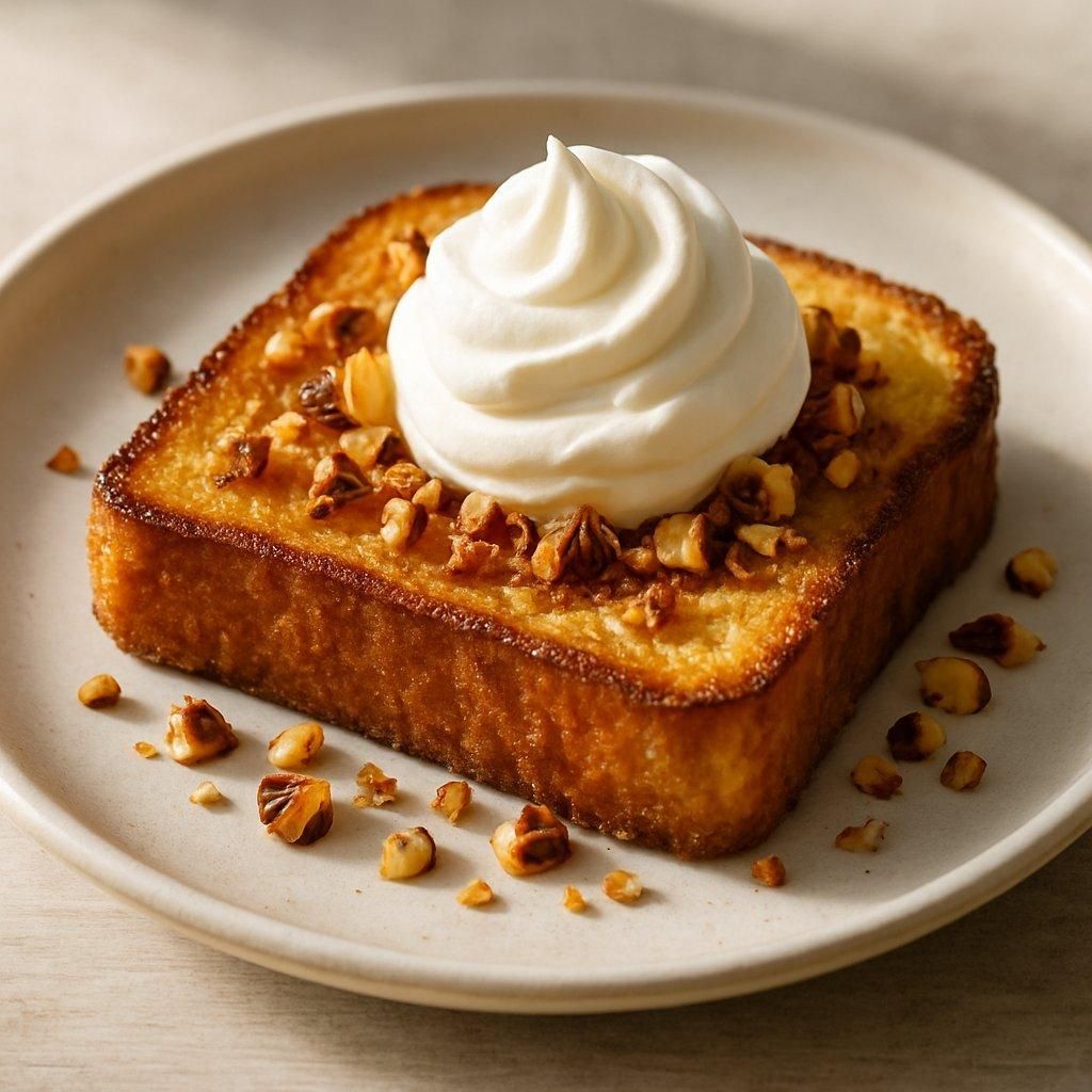 Dessert élégant : pain perdu brioché doré, éclats noisettes torréfiées et crème fouettée onctueuse under lumière naturelle douce.