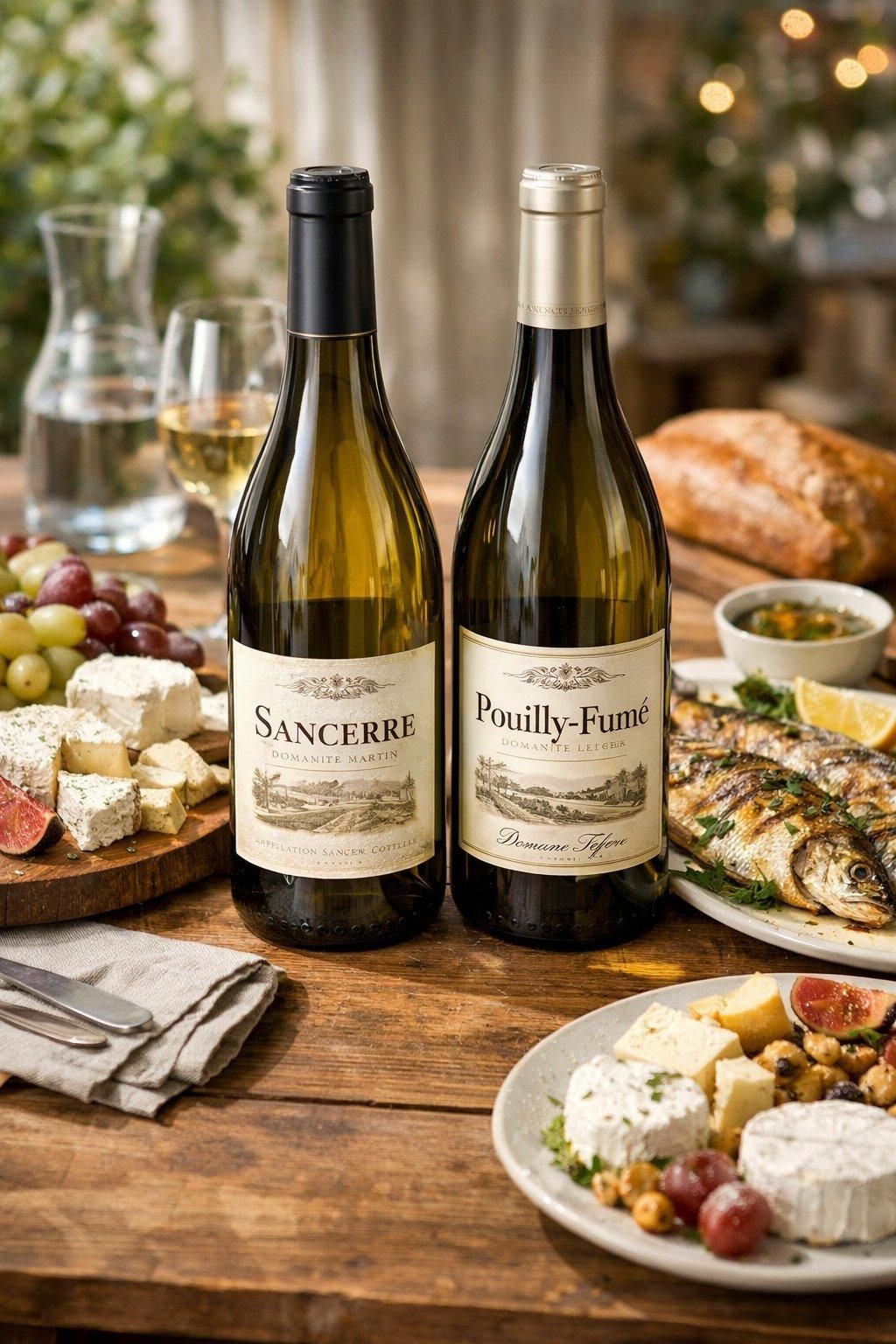 Deux bouteilles élégantes de Sancerre et Pouilly-Fumé accompagnent fromages et poissons grillés dans une ambiance conviviale raffinée.
