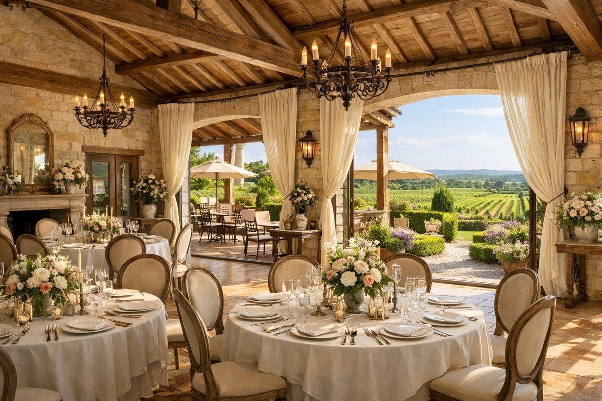Domaine viticole rustique du Sud-Ouest ensoleillé avec salle élégante, terrasse et jardins entourés de vignes.
