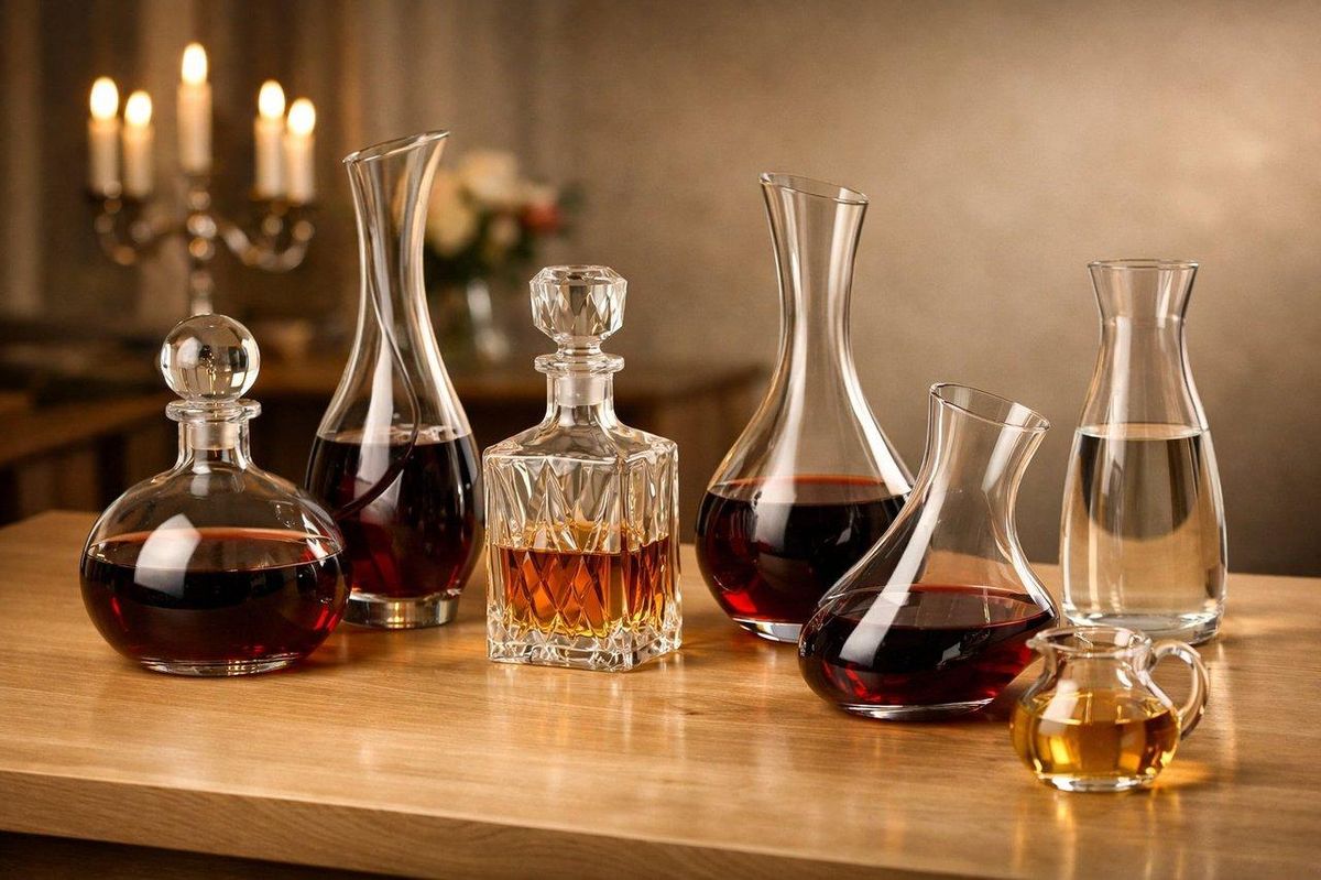 Ensemble élégant de décanteurs et carafes de formes variées, parfait pour les soldes d’été 2026 accessoires à vin.