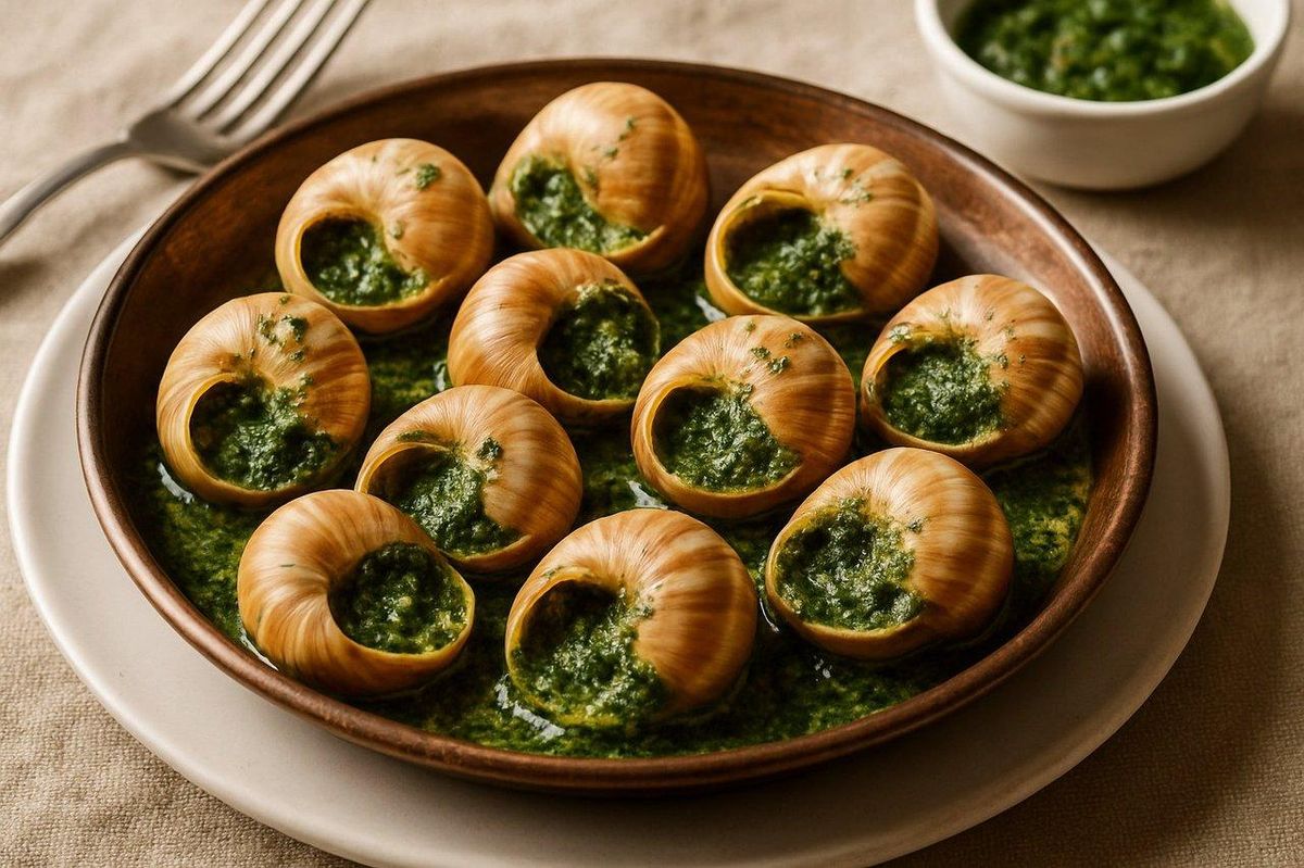 Escargots bourguignonne dish gratinés, servis sur un plat traditionnel avec beurre persillé.