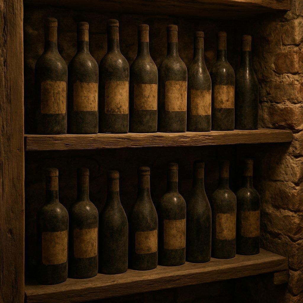 Étagère en cave avec des bouteilles vintage rares, idéale pour dénicher des vins peu connus.