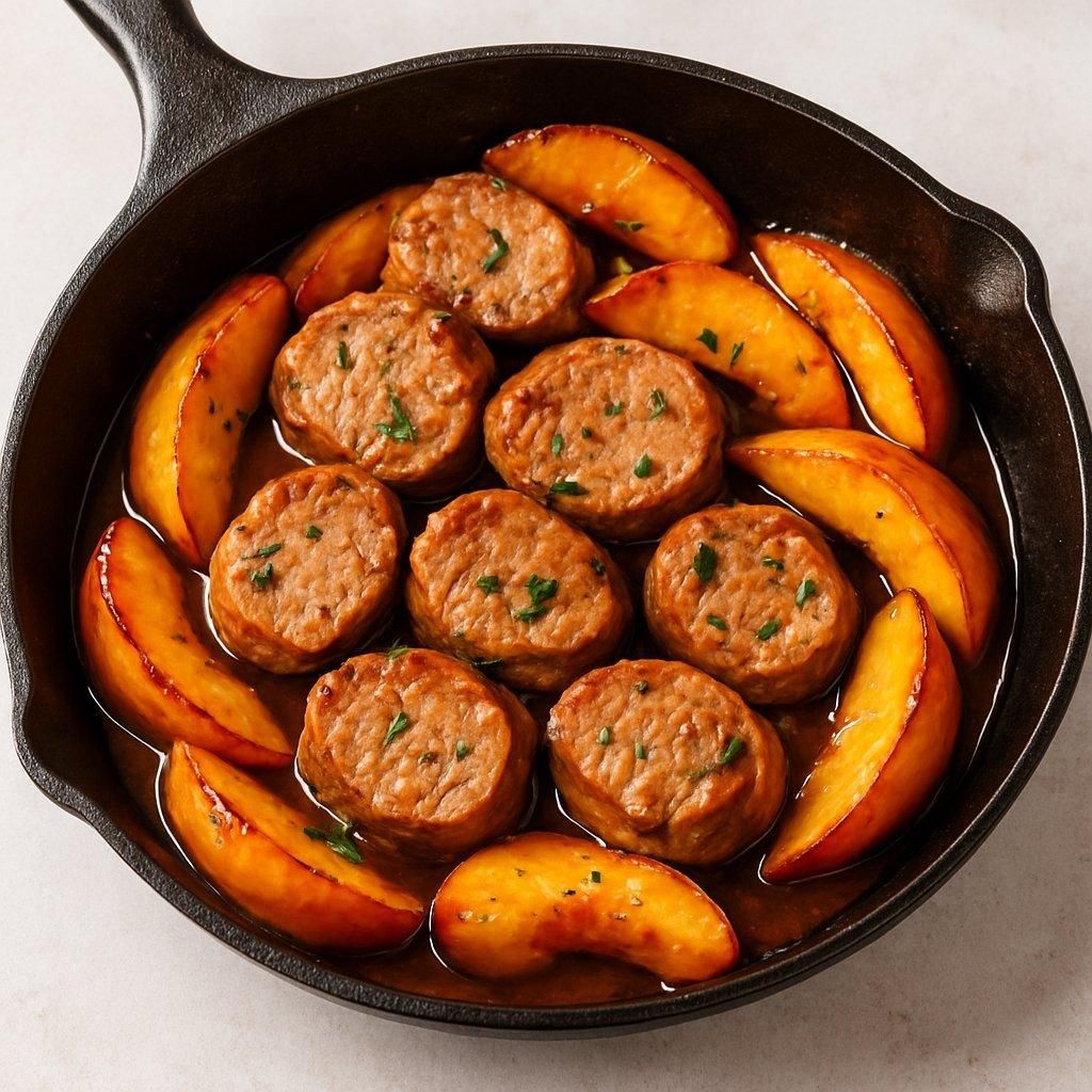 Filet mignon de porc en poêle avec pêches caramélisées au romarin, un plat savoureux et coloré.