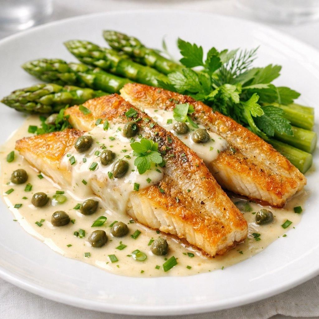 Filets de sandre dorés poêlés, nappés de sauce au vin blanc et câpres, accompagnés d’asperges vertes.