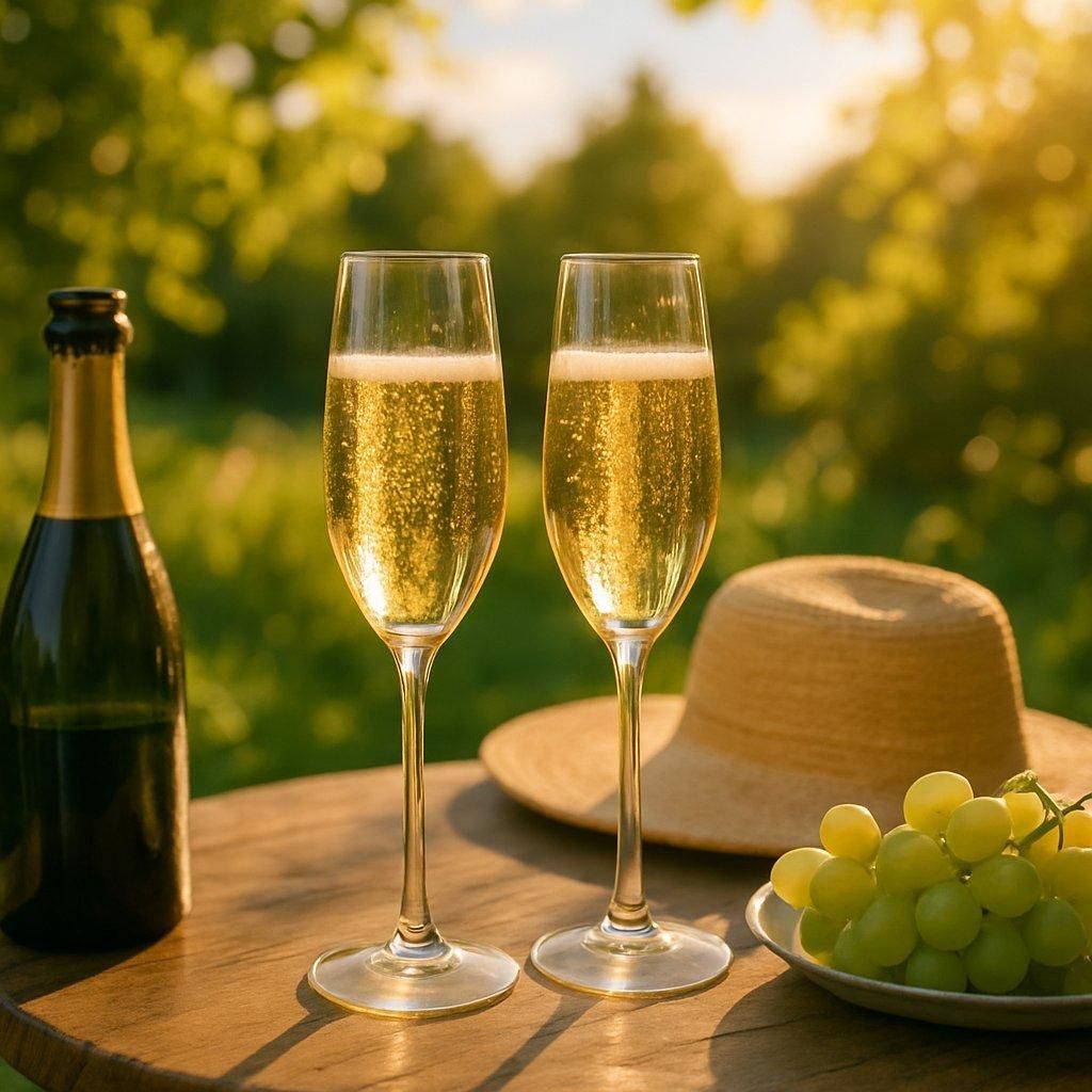 Flûtes de champagne aux fines bulles, parfaites pour un moment de summer champagne outdoors en terrasse.